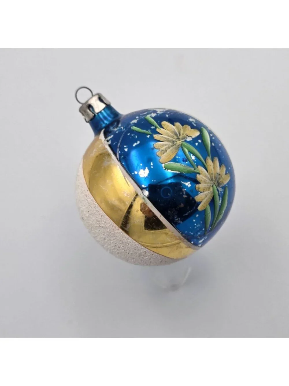 Vintage Poland Glass Ornament Ball Floral Blue Gold Christmas 2.5